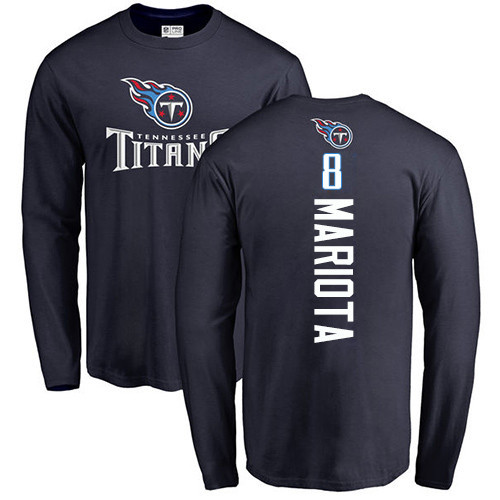 Tennessee Titans Men Navy Blue Marcus Mariota Backer NFL Football #8 Long Sleeve T Shirt